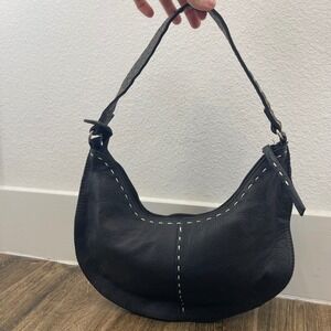 Black Leather Hobo Shoulder Bag White Contrast Stitching Crescent Zip Small